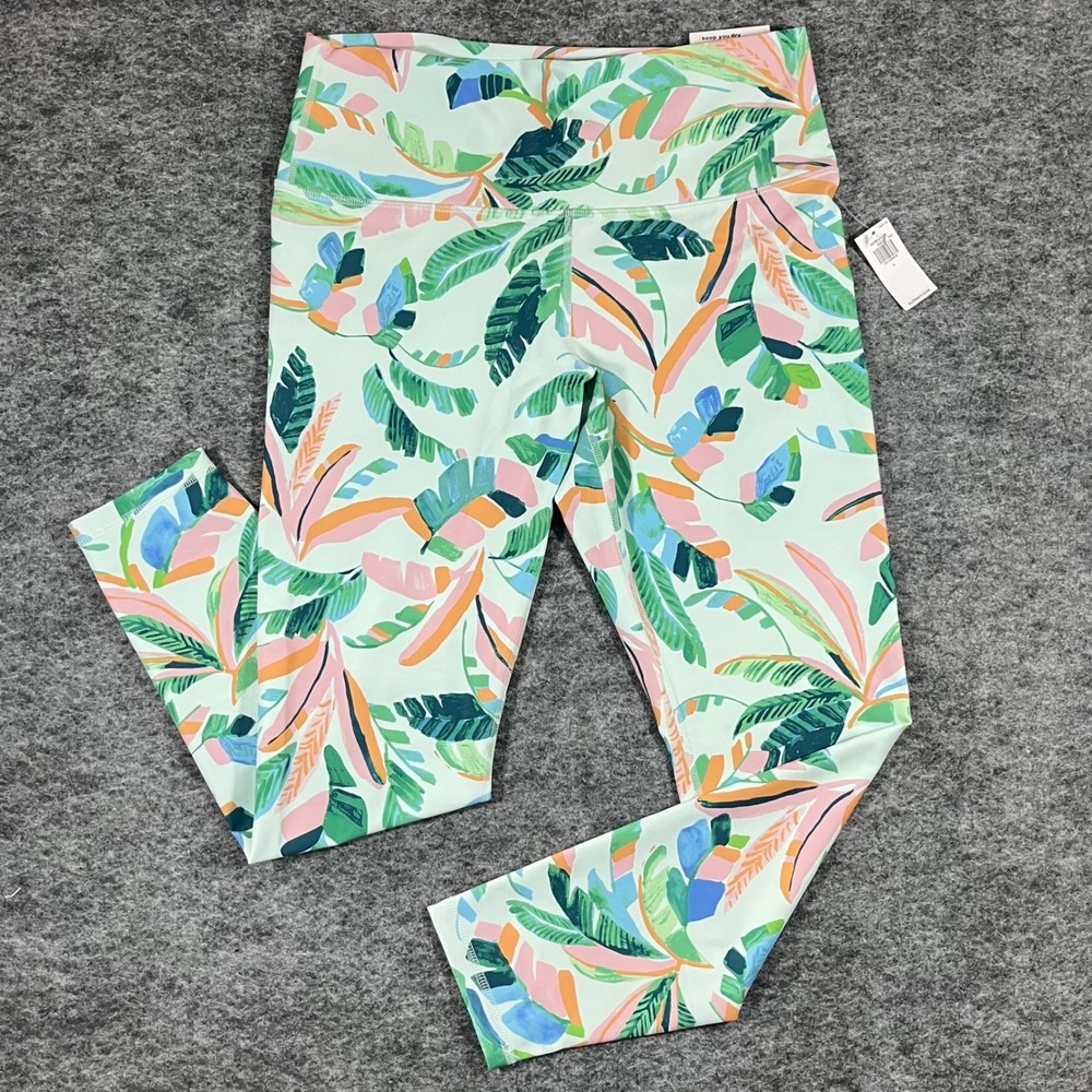 Old Navy Powersoft Leggings Womens L Mint Green Tropical 7/8 Ankle High Rise